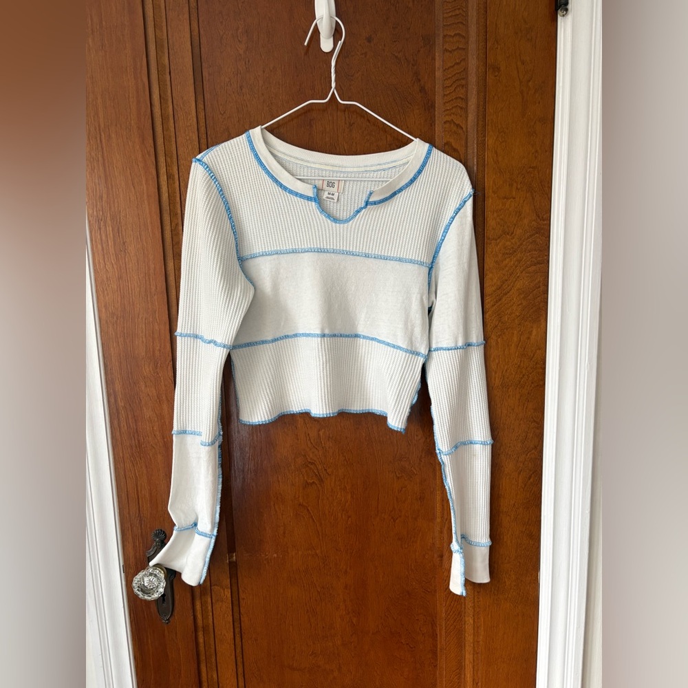 BDG White and Blue Long Sleeve Cropped Top - medium